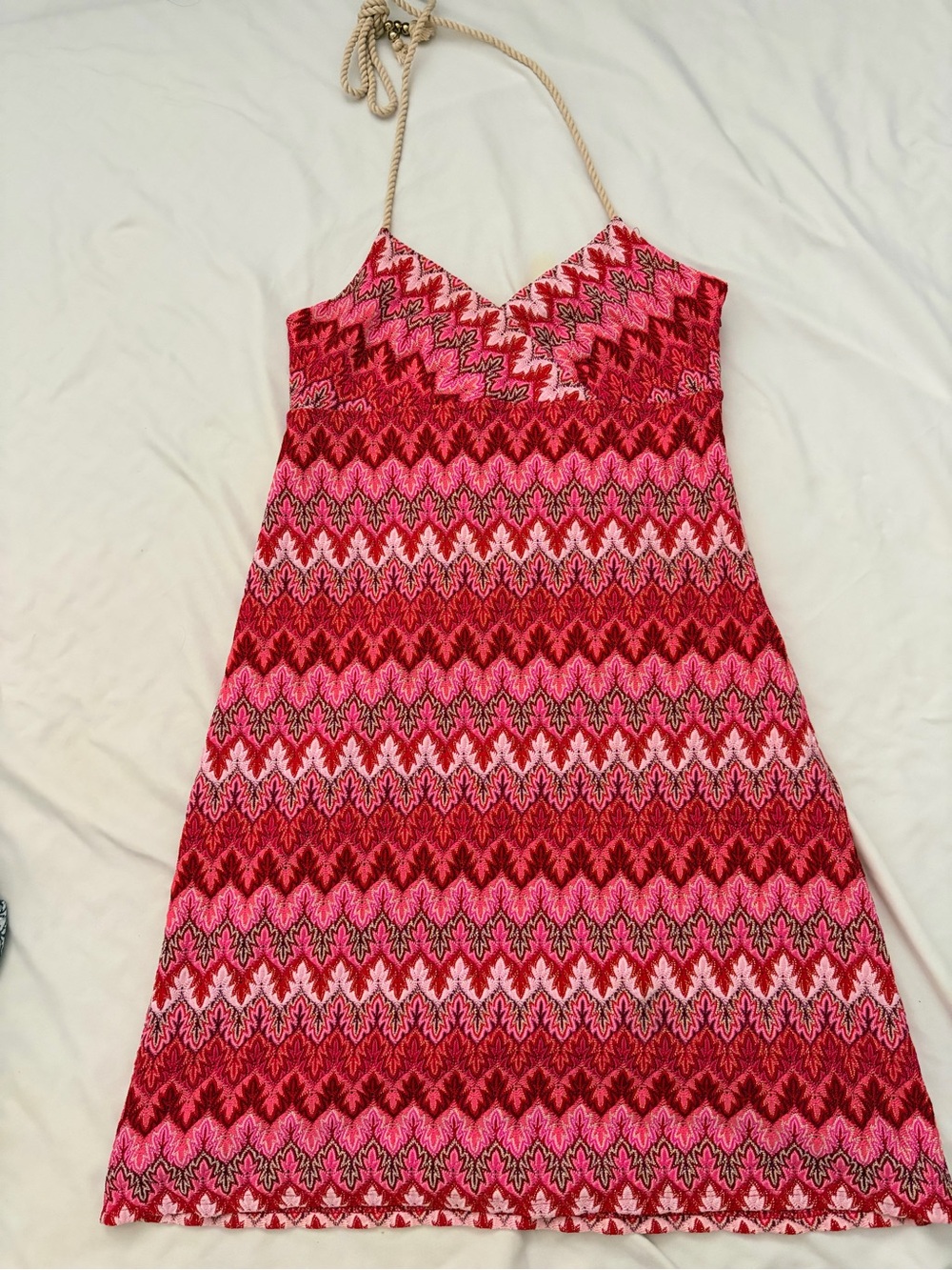 Ann Taylor Halter Midi Dress in Red and Pink Chevron